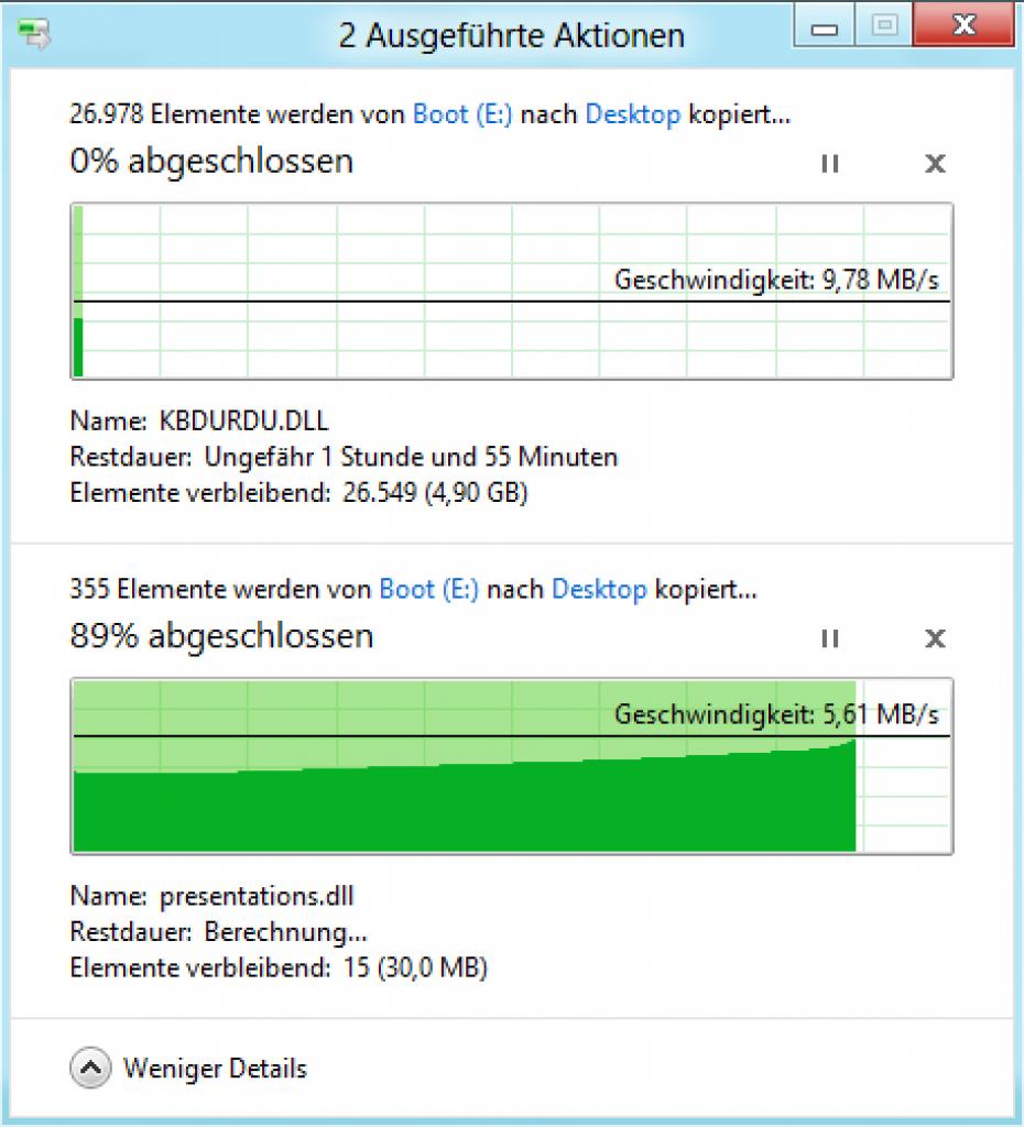 [26/10/2012] Microsoft hat die Kopierfunktion überarbeitet: Kopiervorgänge werden in einem Fenster zusammengefasst und können pausiert werden. In der Praxis kopiert Windows 8 allerdings nicht schneller als Windows 7: Die Runde geht trotzdem an Windows 8. 