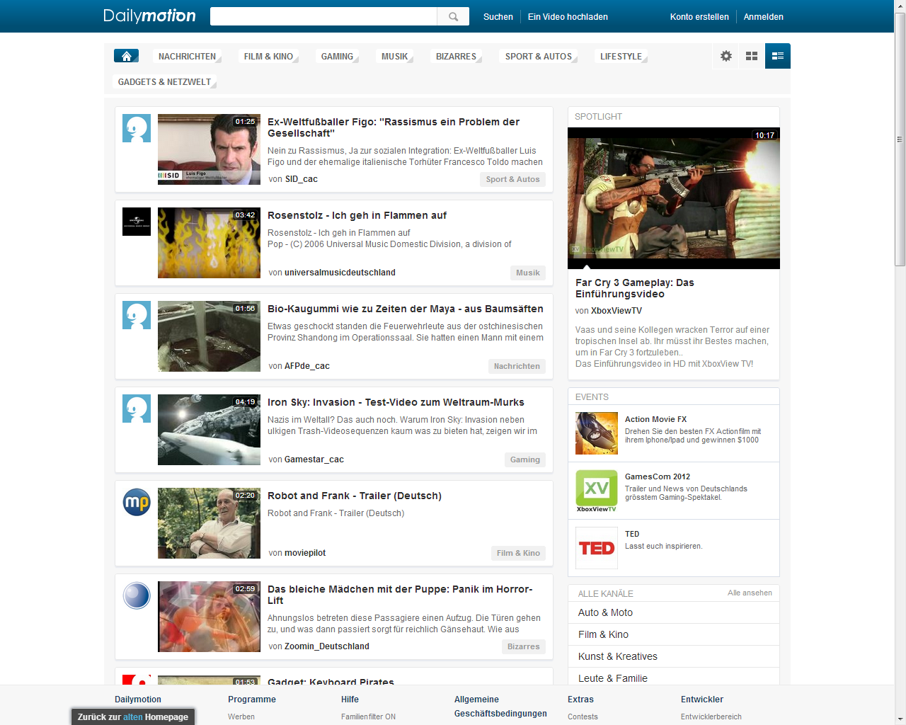 [29/11/2012] Alternativen zu Youtube: Daily Motion - Eher zum Sehen als zum Hochladen geeignet. Klick
