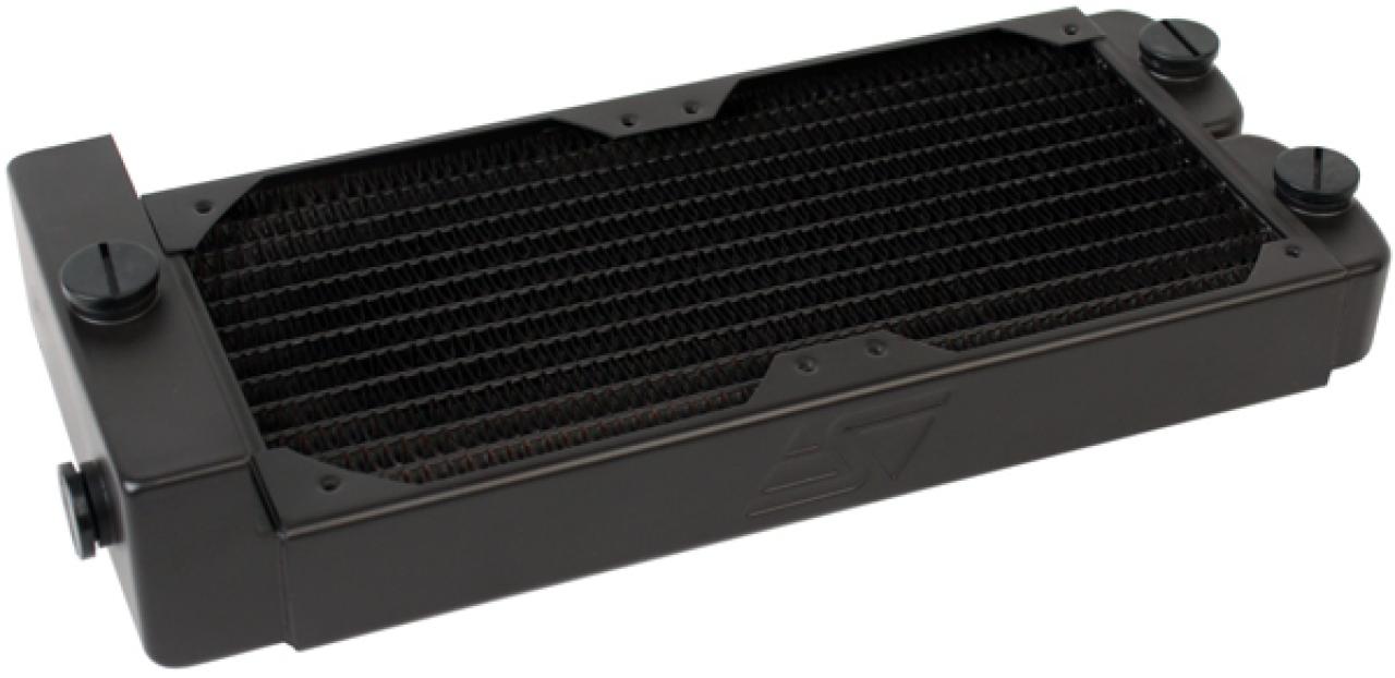 [11/11/2012] Swiftech MCRX20-QP-Res-Rev2-Radiator mit integriertem Ausgleichsbehälter, hier in der Dual-120-mm-Version.