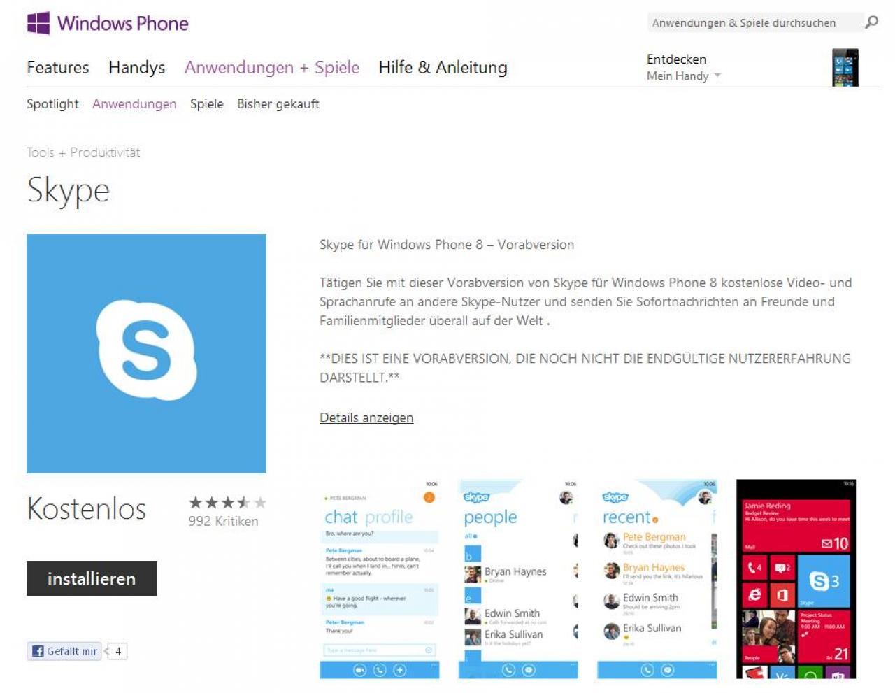 [12/11/2012] Windows Phone 8: Neue Skype-App als Beta-Version im Windows Phone Store plus Video
