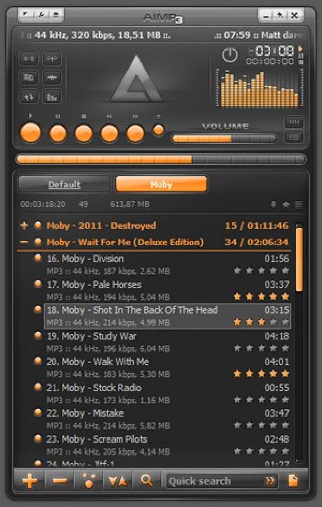 [27/11/2012] AIMP2 ist im Grunde die russische Version von Winamp, die einen ähnlich großen Funktionsumfang bietet. Er ist wie Winamp mit zahlreichen Plugins aufwertbar und wer möchte, kann die Skins des Players tauschen. Die Software ist auf englisch übersetzt, falls ihr Russisch eingerostet sein sollte. Den Download finden Sie hier.