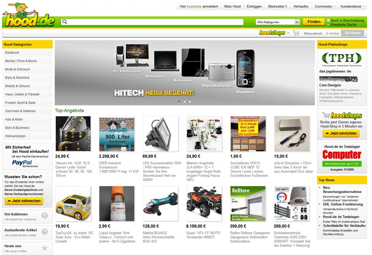 [28/11/2012] Hood.de gilt als Nummer zwei der Auktionsplattformen, direkt hinter Ebay. Es verzichtet allerdings auf Gebühren für den Verkauf von Ware. Im Gegenzug kosten Sonderoptionen mehr. Im Rechtsportal informiert Hood über alle Belange, die Käufer und (gewerblichen) Verkäufer betreffen, seien es Abmahnungen, Fotorechte, ordentliche Widerrufsbelehrungen oder welche Bestandteile eine Rechnung haben muss.