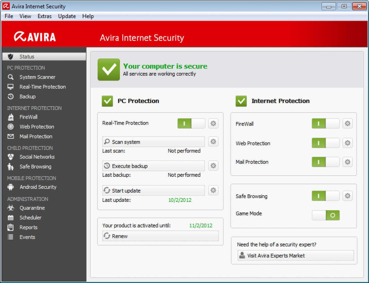[26/11/2012] Consumer, Platz 17: Avira Internet Security 2012, Version 2012 & 2013, ID 123617: Schutz-Wertung: 4,0 ; Reperatur-Wertung: 4,0 ; Benutzerfreundlichkeit: 4,0 ; Gesamt: 12,0 ; Zetrifikat: Ja