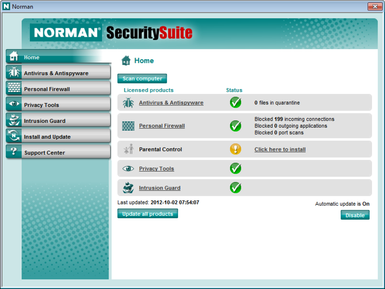[26/11/2012] Consumer, Platz 22: Norman Security Suite Pro 9.0, Version 9.0, ID 123620: Schutz-Wertung: 3,5 ; Reperatur-Wertung: 3,5 ; Benutzerfreundlichkeit: 4,0 ; Gesamt: 11,0 ; Zetrifikat: Ja