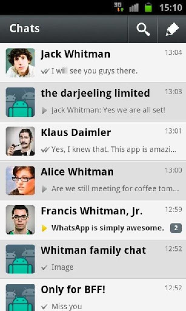 [28/11/2012] Whatsapp, das Vorbild für unsere Vorschlagsliste. Extrem verbreitet und beliebt, aber mit Sichereheitslücken behaftet. Download: Android, iOS, Windows Phone