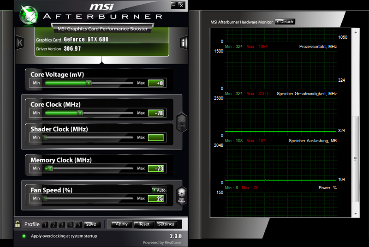 [03/12/2012] Nehmen Sie jetzt die entsprechenden Korrekturen vor. Dazu wählen wir in unserem Fall 78 MHz weniger GPU-Takt per Offset und 73 MHz weniger Speichertakt (Der Speichertakt muss noch halbiert werden). Den Offset gibt es nicht bei Radeon- und älteren Geforce-Karten.
