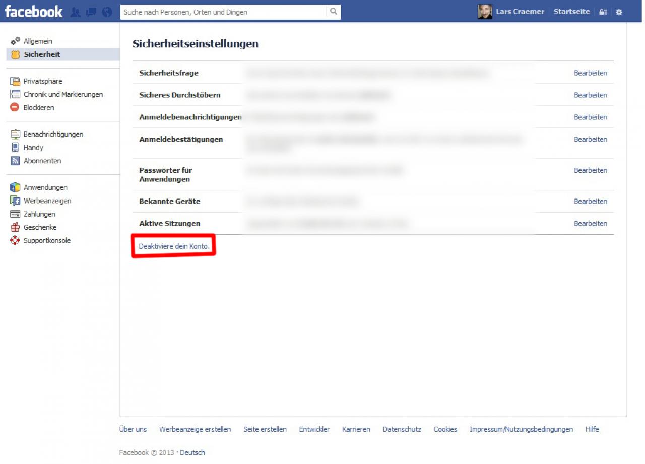 [15/01/2013] Facebook-Konto deaktivieren:Klicken Sie oben rechts auf das 