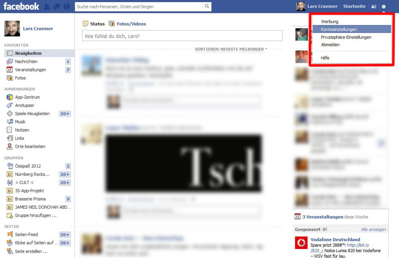 [15/01/2013] Facebook-Konto löschen:Klicken Sie oben rechts auf das 