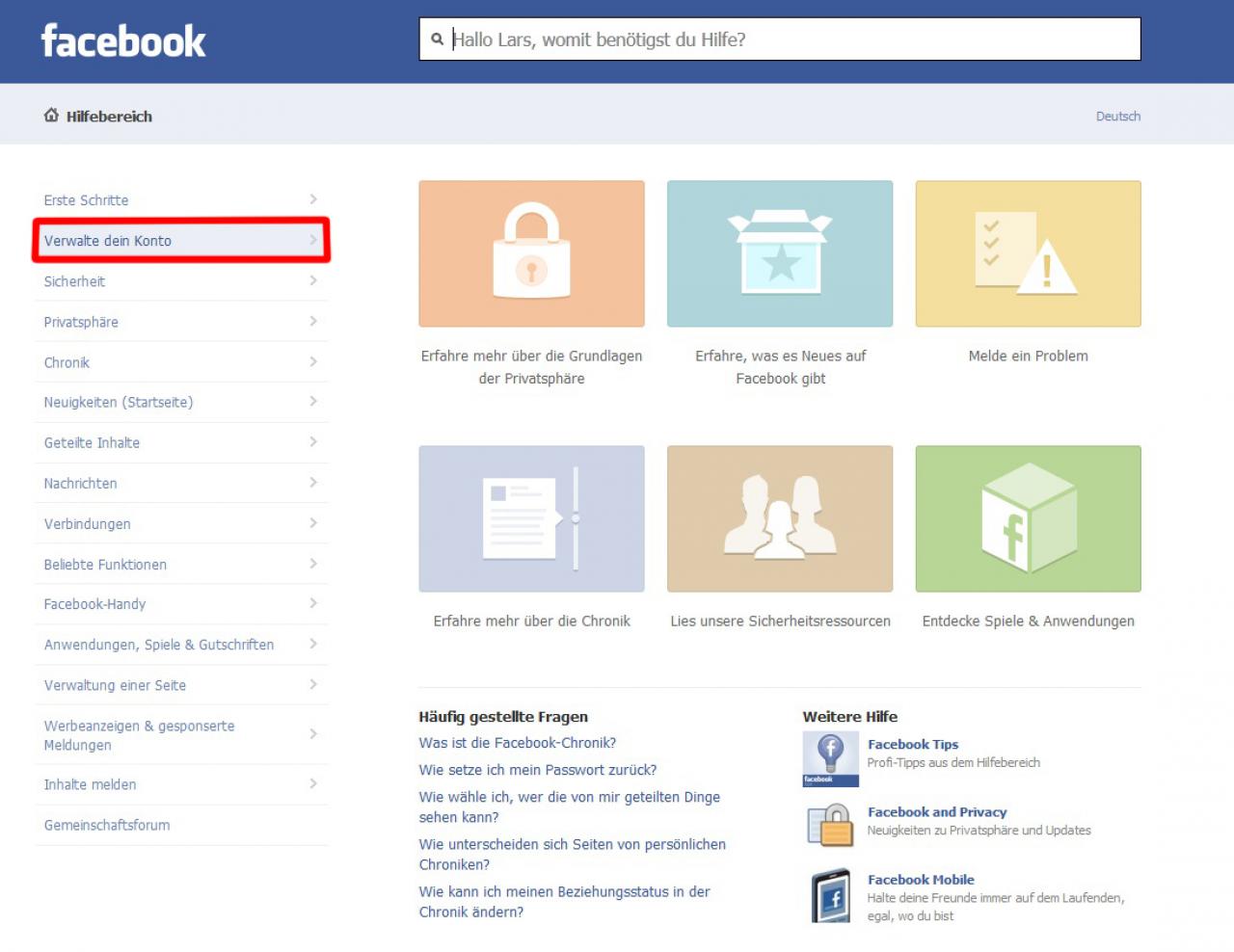 [15/01/2013] Facebook-Konto löschen:Wählen Sie links in der Leiste den Punkt 
