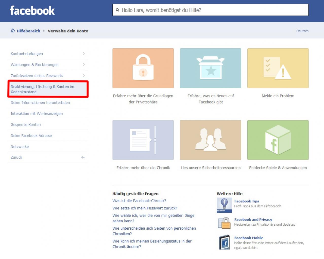 [15/01/2013] Facebook-Konto löschen:Wählen Sie erneut links in der Leiste 