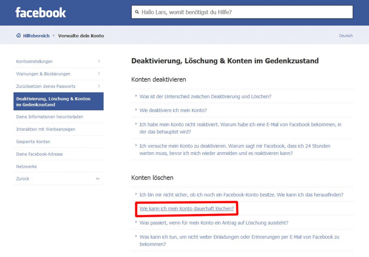 [15/01/2013] Facebook-Konto löschen:In der Mitte werden nun Hilfethemen angezeigt, wählen Sie hier unter Konten löschen