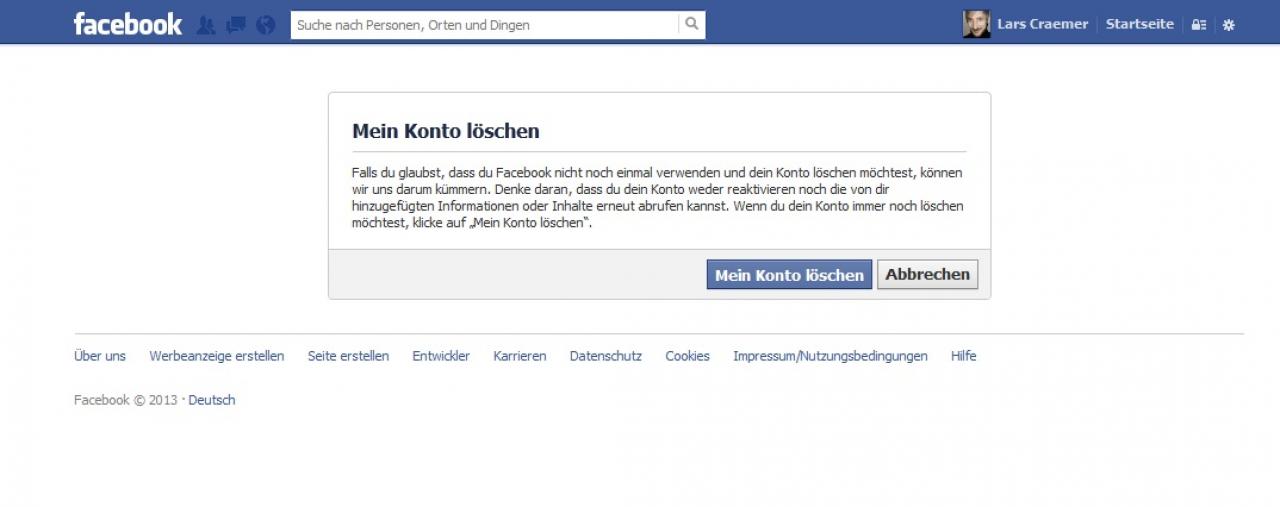 [15/01/2013] Facebook-Konto löschen:In diesem Kontext-Menü können Sie nun das Facebook-Konto löschen.
