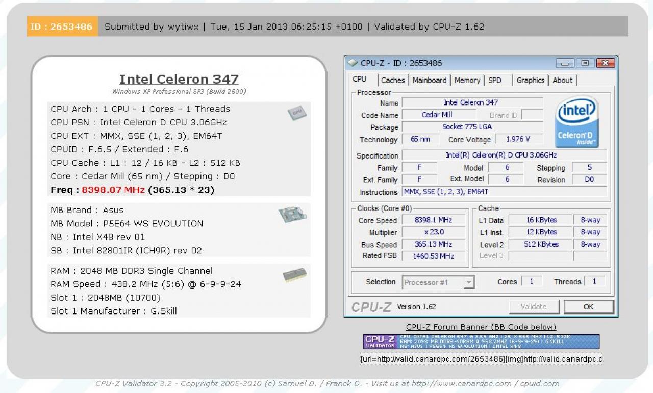 [15/01/2013] Weltrekord: Intel Celeron 347 taktet mit 8.398,07 MHz
