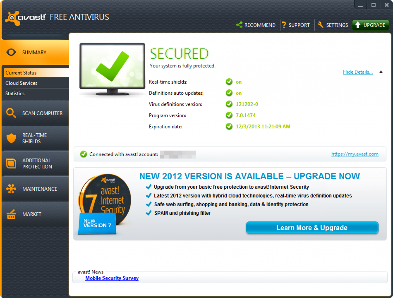 [14/01/2013] Consumer Platz 9: Avast Free Antivirus 7.0 - Schutz: 4,5; Reparatur: 4,5 Benutzung: 5,0; Gesamt: 14,0; Zertifikat: Ja