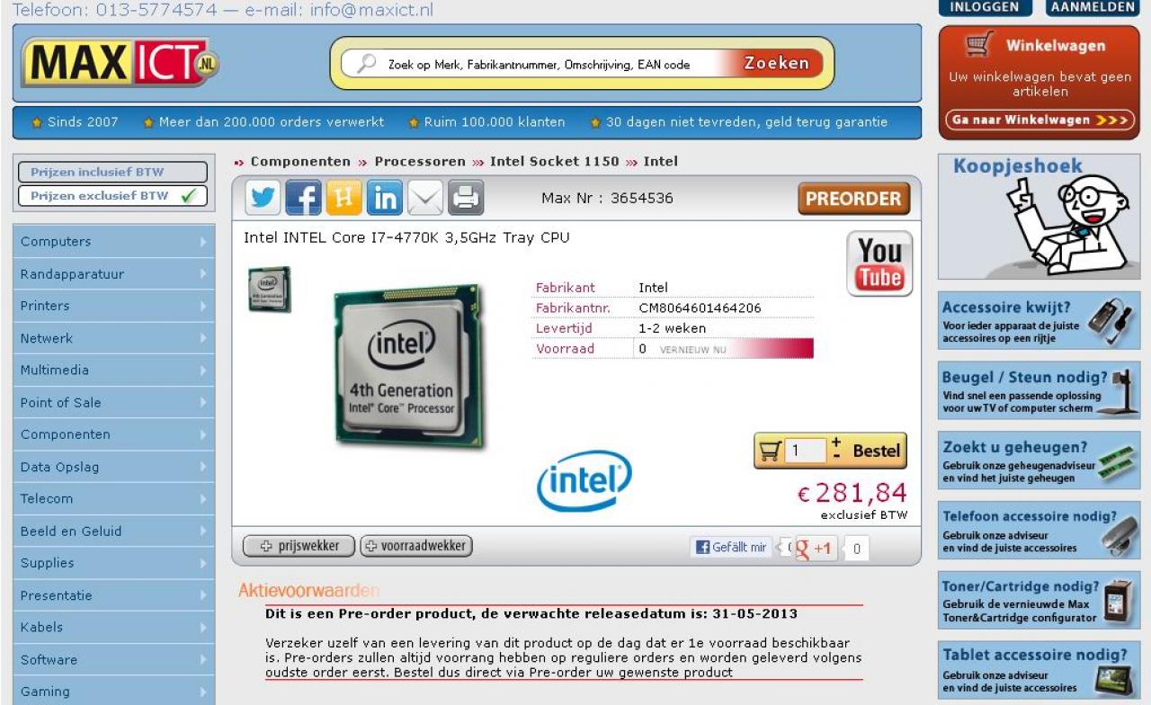 [20/03/2013] Intel Core i7-4770K in niederländischen Online-Shops aufgetaucht