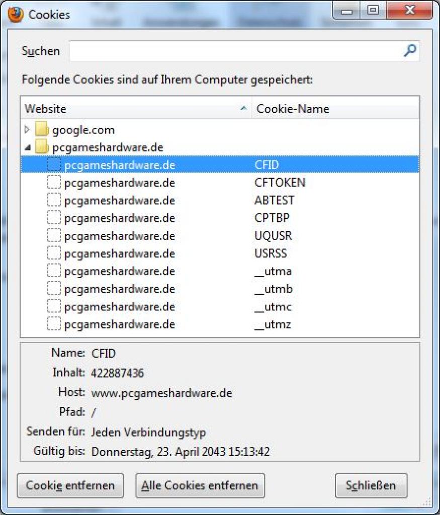 [30/04/2013] Firefox: Einstellungen > Datenschutz > einzelne Cookies löschen