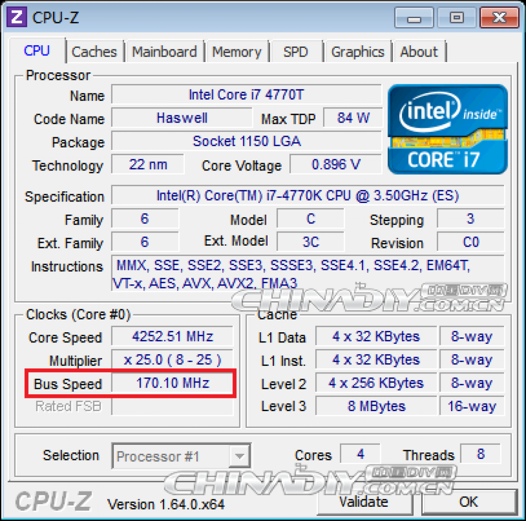 [29/04/2013] Intel Haswell: 170,1 MHz Referenztakt beim Core i7-4770K. Quelle: Chinadiy