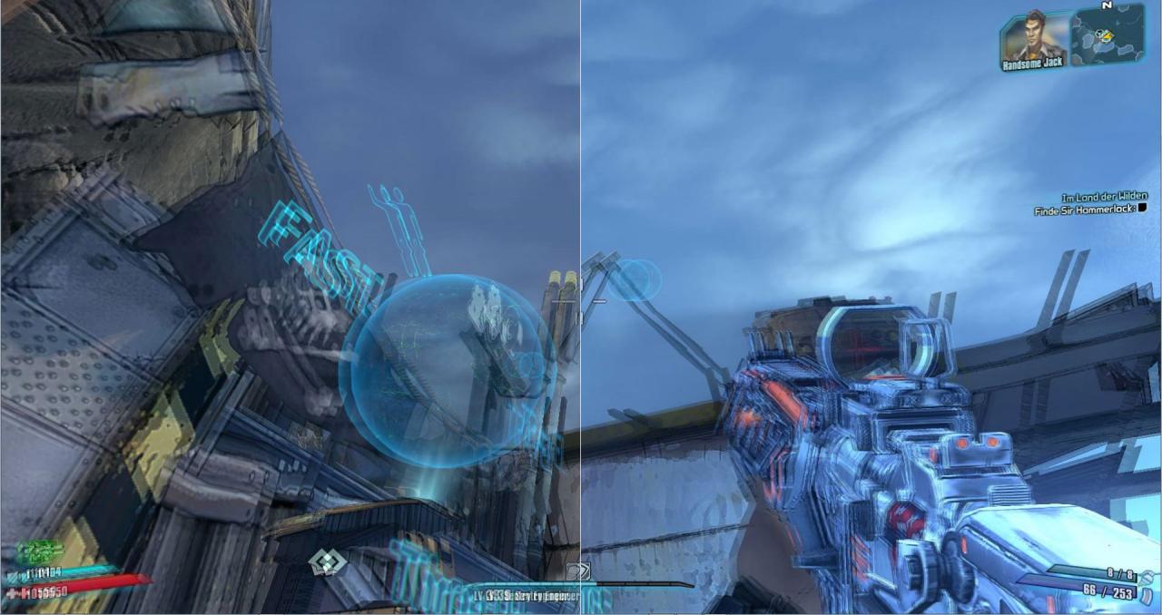 [17/06/2013] Das HUD in Borderlands 2 wurde ebenfalls für die 3D Darstellung optimiert. Hier in der linken Bildhälfte gut erkennbar.