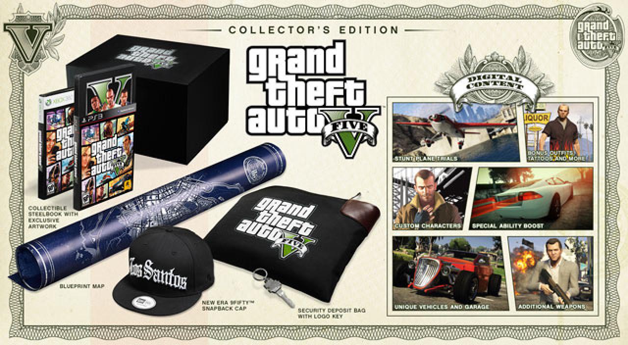 [10/07/2013] 26.05.2013: Die Special Edition von GTA 5 kostet rund 80 Euro und beinhaltet die Steelbook-Sammlerausgabe mit einem exklusivem Artwork. Dazu gesellt sich eine Blaupause der Landkarte, eine 54,5 x 68 cm große Karte zeigt einen skizzenartigen Grundriss von Los Santos und Blaine County.
