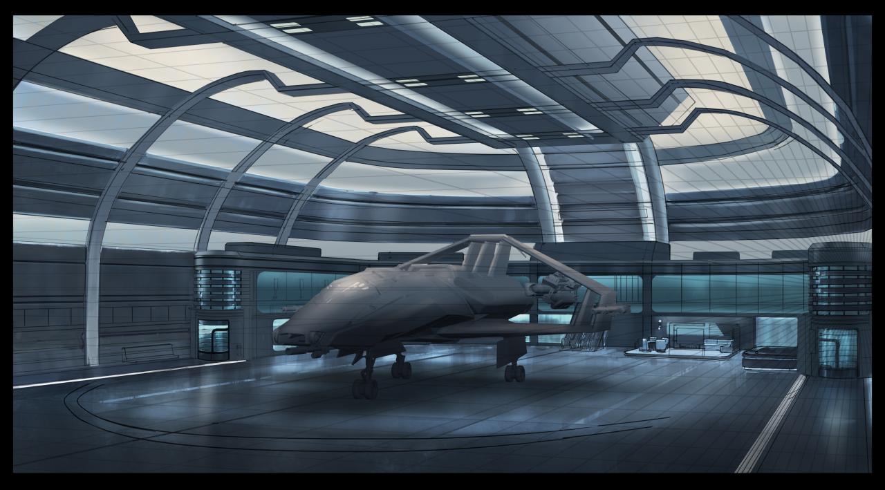 [23/08/2013] Eine Konzeptzeichnung zeigt den Business-Hangar von Star Citizen.