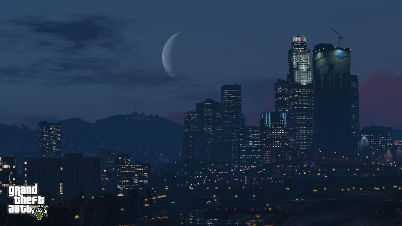 [28/08/2013] 28.08.: Die Skyline vom Los Sanstos bei Nacht. Im Hintergrund prangt das Vinewood-Schild auf einem Berg. Der Mond ist im Perihel. Er erschien um 14 Prozent größer und rund 30 Prozent heller als bei einem normalen Vollmond.