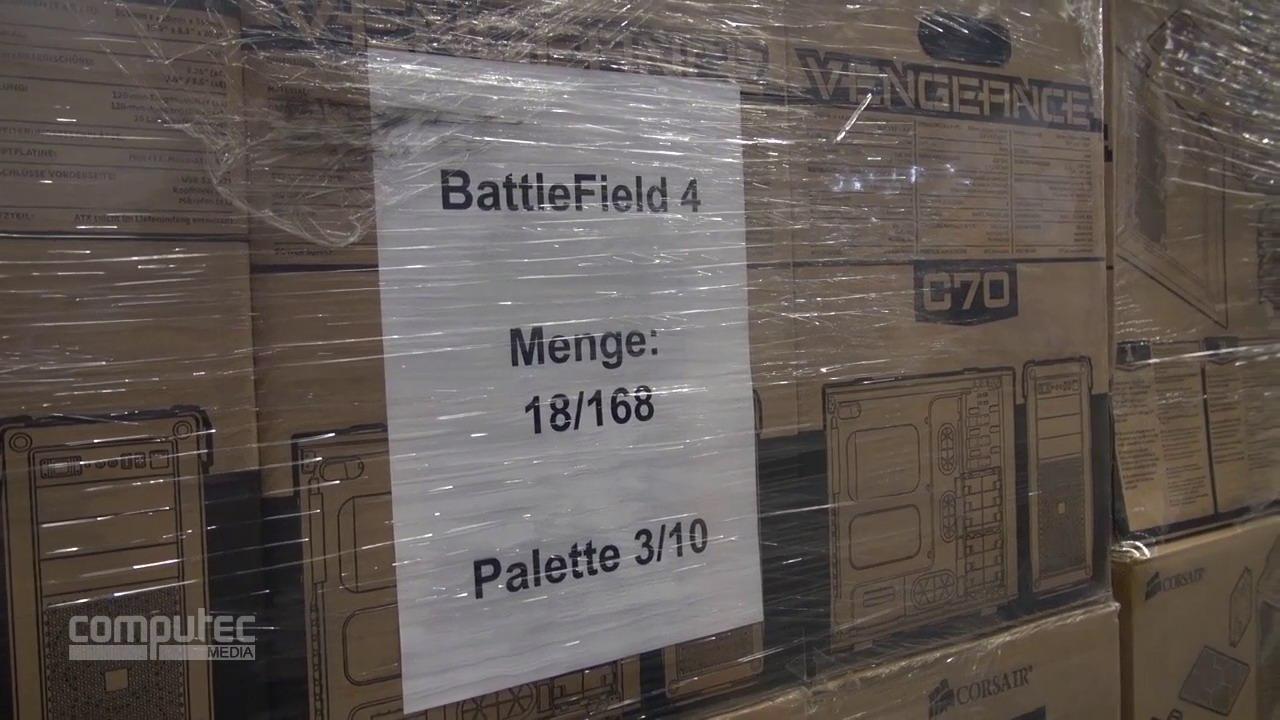 [17/08/2013] Gamescom-Aufbau bei Electronic Arts: Eine Packung Bildschirme ... nur für Battlefield 4.