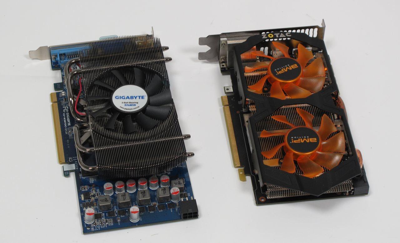 [14/08/2013] Gigabyte Nvidia GeForce 9800 GT, 512 MiB (links) und Zotac GeForce GTX 760 AMP! Edition, 2 GiB (rechts)