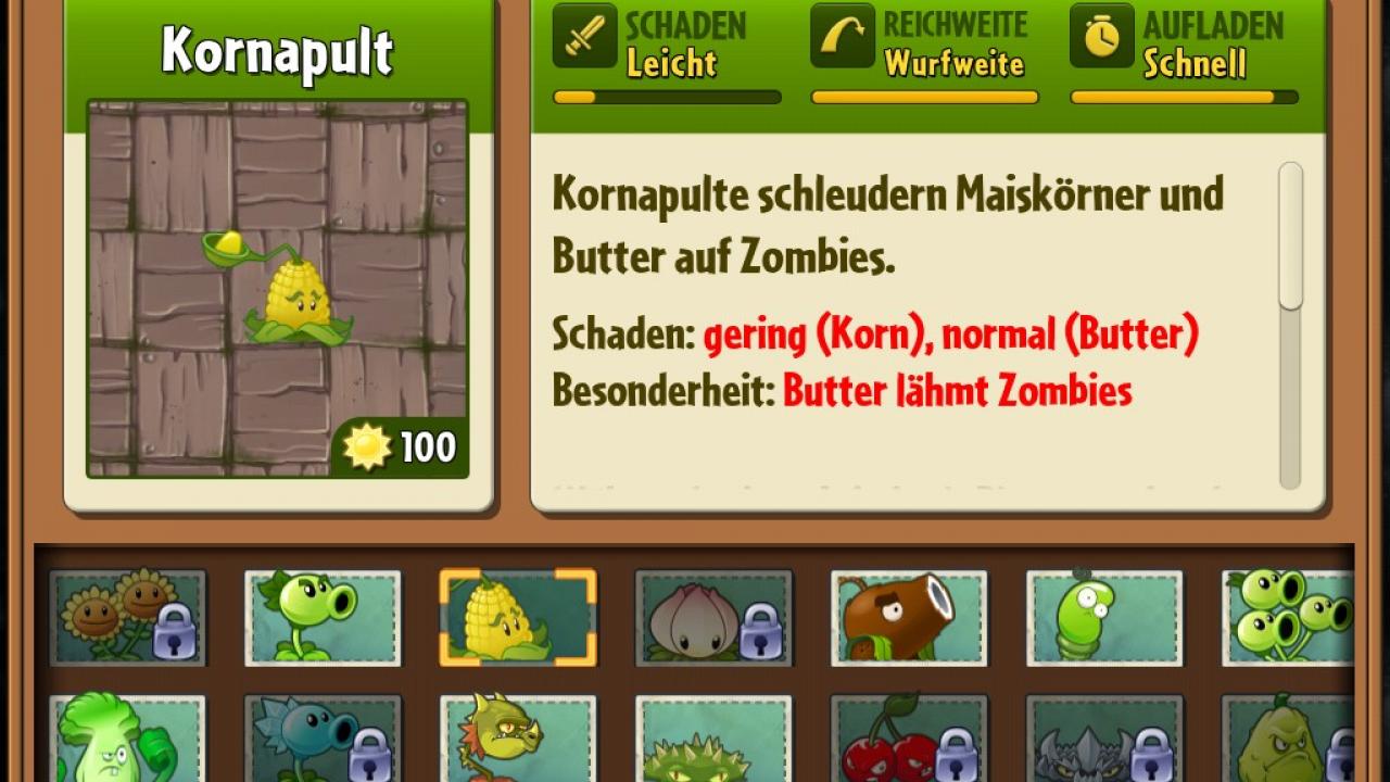 [27/09/2013] Kornapult: Macht weniger Schaden als das Kohlapult, verlangsamt dafür anrennende Zombies und ist damit als Support eine der wichtigsten Pflanzen überhaupt.