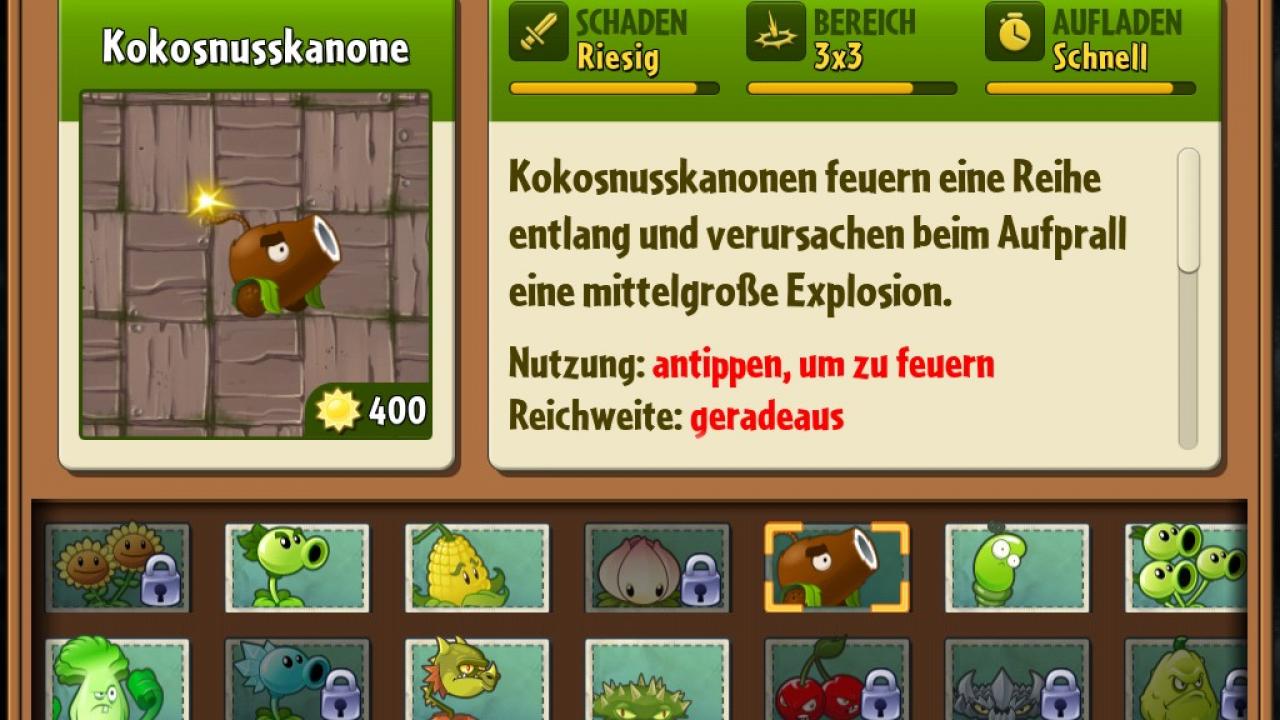 [27/09/2013] Kokosnusskanone: Dieses dicke Geschütz macht zwar ordentlich Schaden, ist aber in seiner Wirkung auf eine Spur begrenzt und extrem teuer. Die meisten Karten sind zu Ende, bevor man sie sinnvoll einsetzen kann.