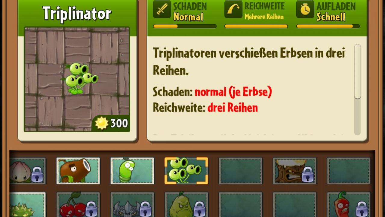[27/09/2013] Triplinator: Diese Erbesenkanone verschießt 3 Erbsen, aber nicht mehr auf einer Bahn, sondern auf drei verteilt. Zusammen mit Drachenmäulchen entstehen so tödliche Fächer.