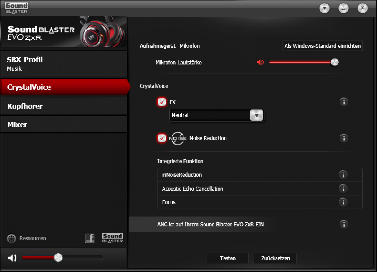 Sound Blaster Evo - CrystalVoice: Geräusch- und Hallunterdrückung sowie die Stimmmodulation können hier zugeschaltet werden