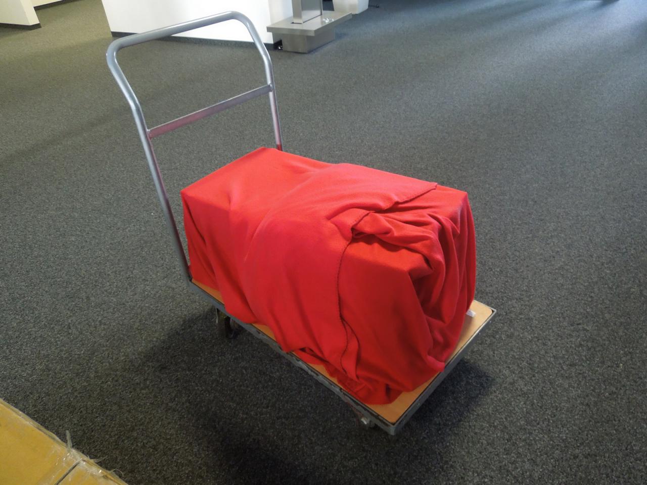 [28/11/2013] Was ist denn wohl auf diesem Wagen oder besser gefragt, warum haben wir den Gegenstand, ähnlich wie ein Zauberkünstler, mit einer roten Decke verhüllt. Soviel sei gesagt, es ist weder geheime Hardware noch vier Kisten Bier, die das gleichzeitig ablaufende Strategie-Meeting noch interessanter gemacht hätten. Und wer auf eine hübsche Dame tippt, die aus dem verhüllten Kasten springt, liegt auch falsch.