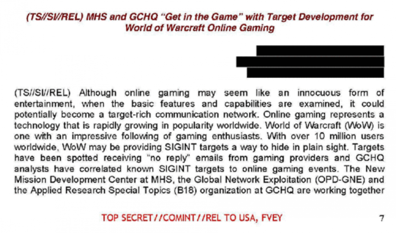 [10/12/2013] Online-Schnüffelei: Zu unser aller Schutz sucht die NSA in WoW spitzohrige Terroristen-Nachtelfen, explodierende grüne Gnome und andere höchst verdächtige Gestalten. Dubiose Wörter wie Raid, Angriff und Mob lösen die Aufzeichnung aus, die dann sämtliche Daten sammelt. Inklusive Cholesterinspiegel, Leberwerten und Lieblingsfarben aller Spieler. Zur internationalen Sicherheit. Natürlich.