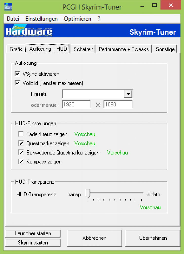 [21/01/2014] PCGH-Skyrim-Tuner: Reiter für die Auflösung und HUD
