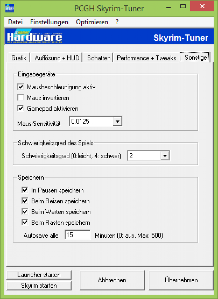 [21/01/2014] PCGH-Skyrim-Tuner: Reiter für sonstige Einstellungen