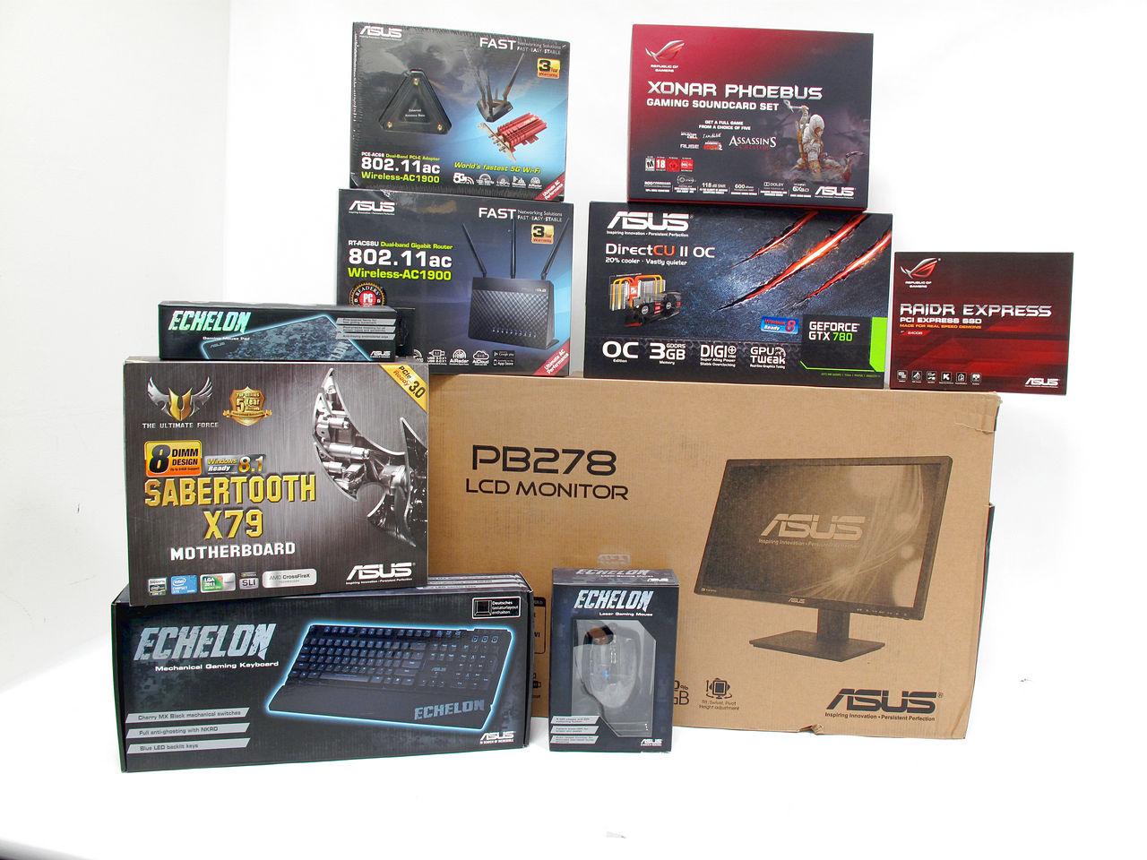 [26/02/2014] ASUS schnürte ein umfangreiches Hardware-Paket inklusive Mainboard, Grafikkarte, PCI-E-SSD, Soundkarte, WQHD-Monitor, Gaming-Peripherie und WLAN-Geräten.