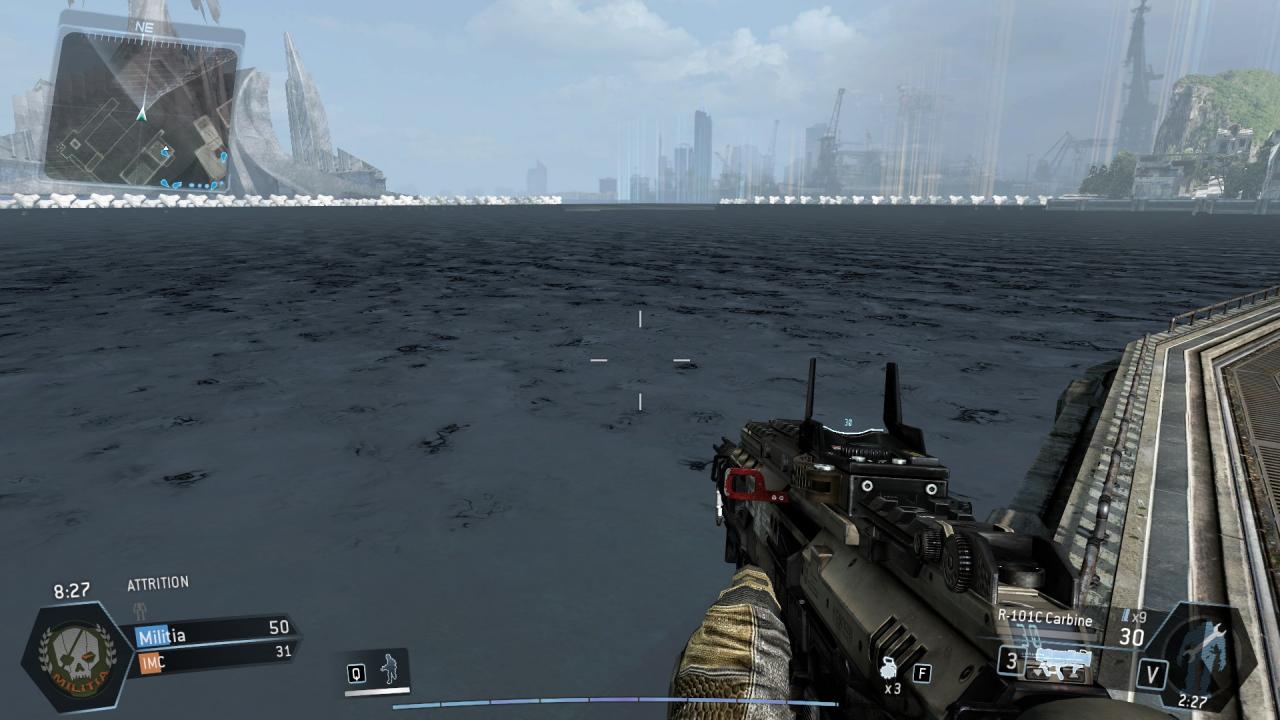 [12/02/2014] Obwohl sich Wasser nur am Rand der Maps befindet (im Bild: Angel City) hätte etwas Bewegung sowie Lichtspielerei in Form von Reflexionen und Refraktionen dem gerenderten Pixelnass gut getan.