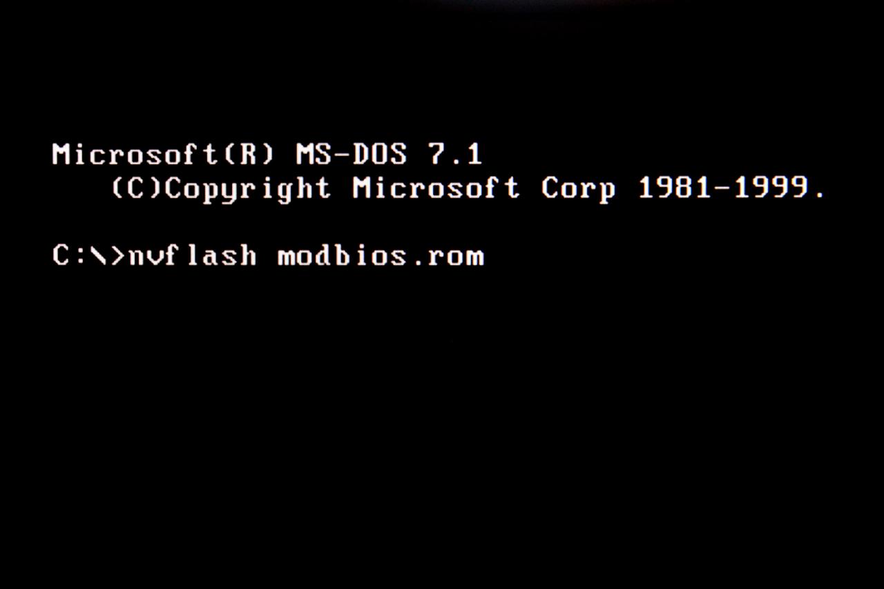 [05/06/2014] Flashvorgang #6: Das modifizierte BIOS legen wir auf dem USB-Stick ab und booten erneut ins DOS um das BIOS auf die Grafikkarte zu übertragen.