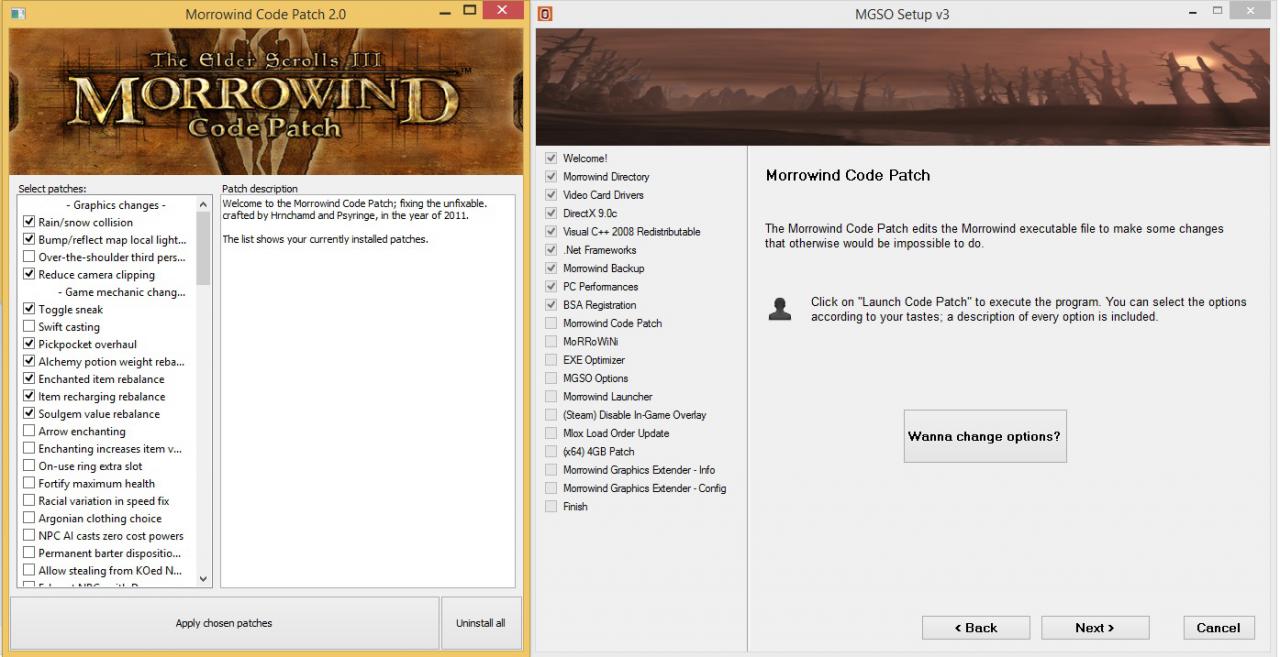 [03/07/2014] Morrowind Overhaul - Installation Schritt (10): In diesem Schritt können kleine Fixes und Gameplay-Erweiterungen hinzugefügt werden. Das Standard-Setup passt gut.