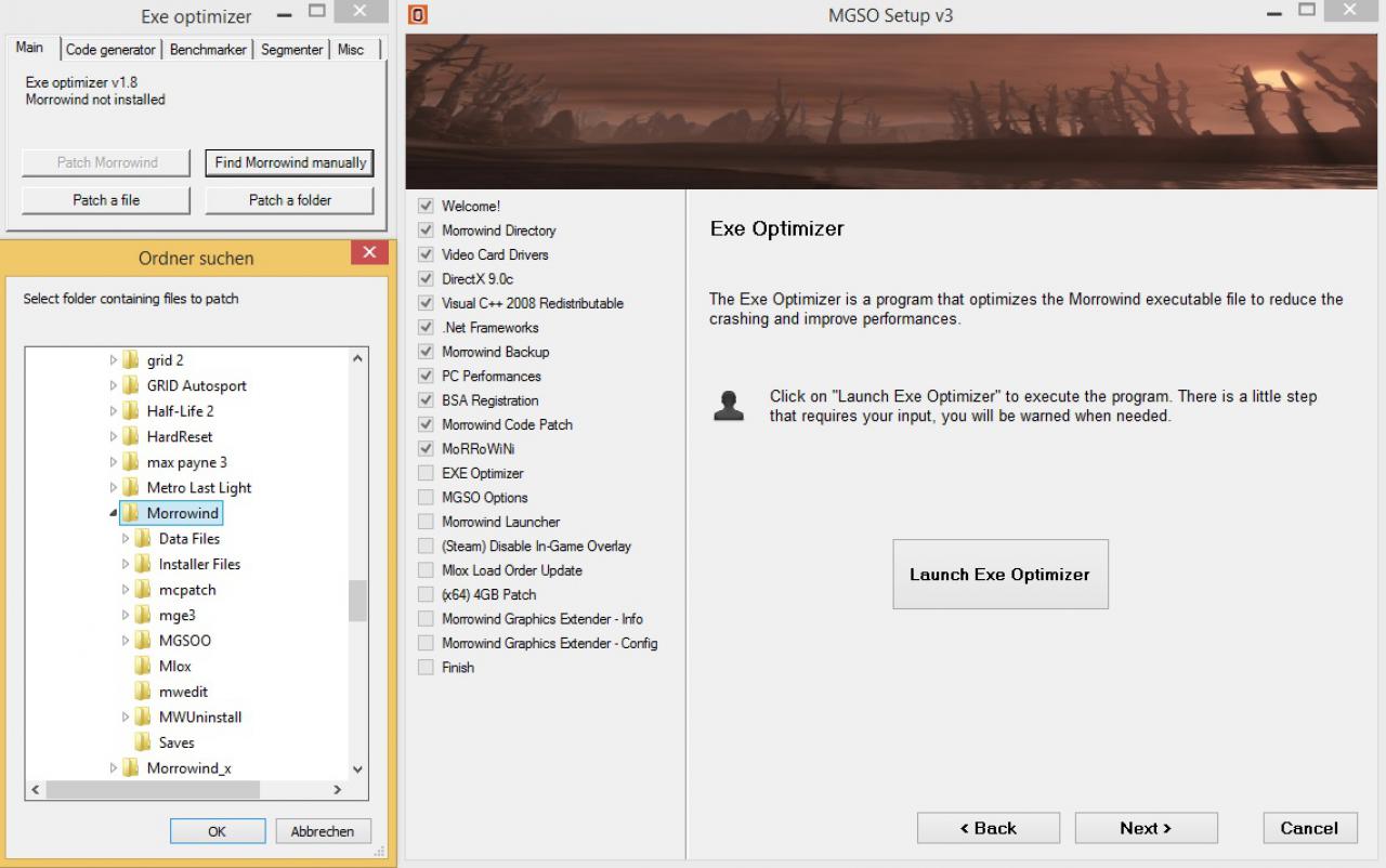 [03/07/2014] Morrowind Overhaul - Installation Schritt (12): Der Exe-Optimizer sorgt dafür, dass Morrowind die Ressourcen besser nutzen kann. Führen Sie das Programm in Ihr Installationsverzeichnis.