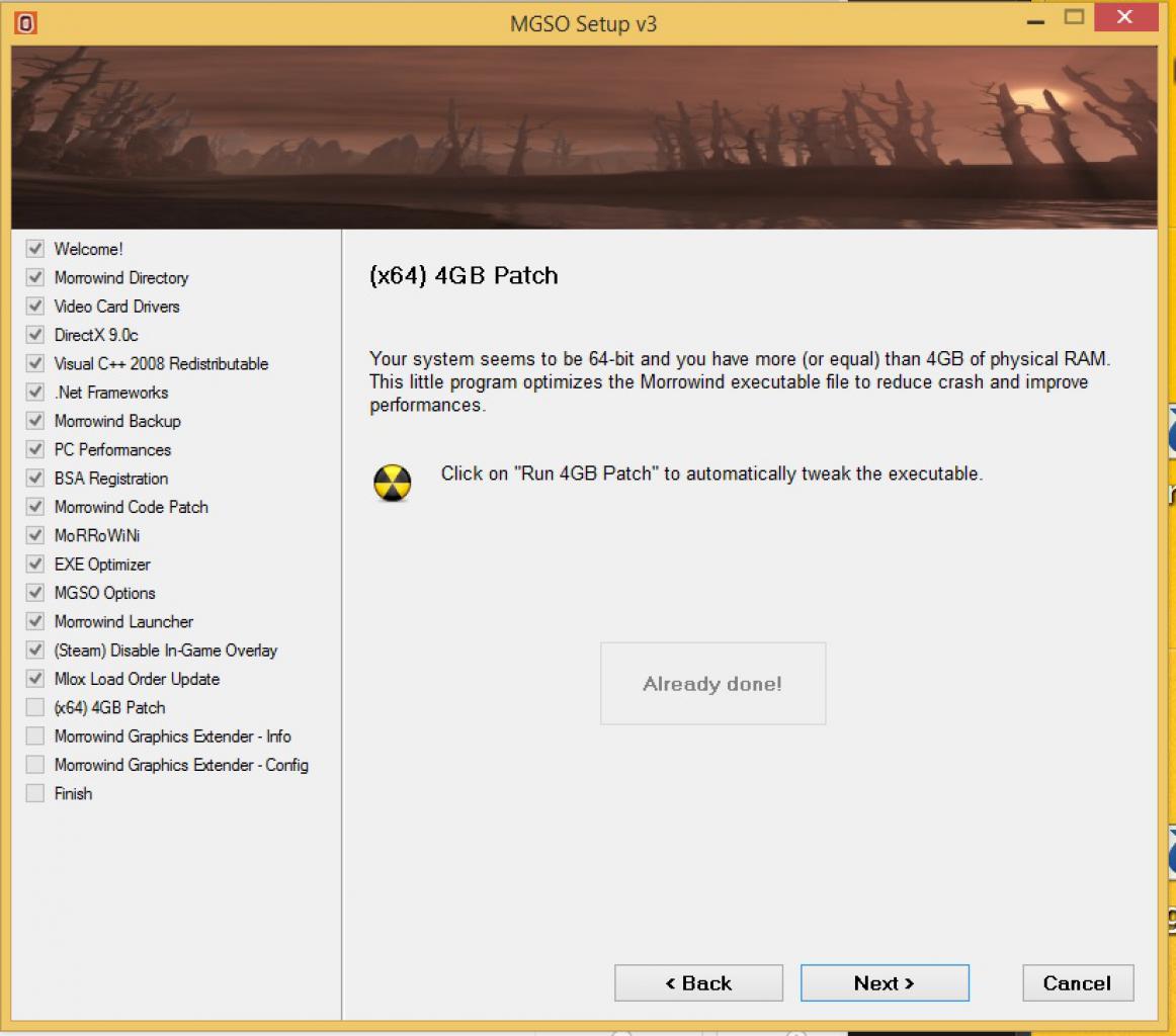 [03/07/2014] Morrowind Overhaul - Installation Schritt (15): Durch den 4-Gigabyte-Patch kann Morrowind mehr Hauptspeicher nutzen.
