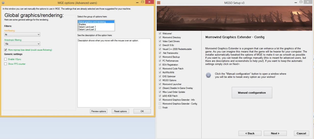 [03/07/2014] Morrowind Overhaul - Installation Schritt (16): Nun startet der eigentliche Launcher. Hier können Sie Ihre Grafiksettings vornehmen und Optionen für Sichtweite, Wasserdarstellung und die Shader festlegen.