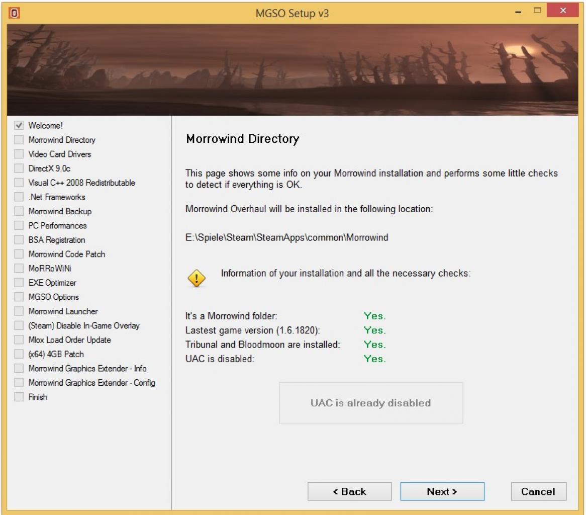 [03/07/2014] Morrowind Overhaul - Installation Schritt (2): Nun wird geprüft, ob Sie die Dateien in das richtige Verzeichnis entpackt haben und ob Morrowind korrekt installiert sowie auf die aktuelle Version gepatcht wurde