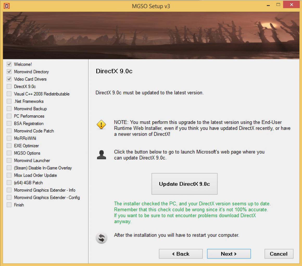 [03/07/2014] Morrowind Overhaul - Installation Schritt (4): ...sowie, ob Direct X 9c...