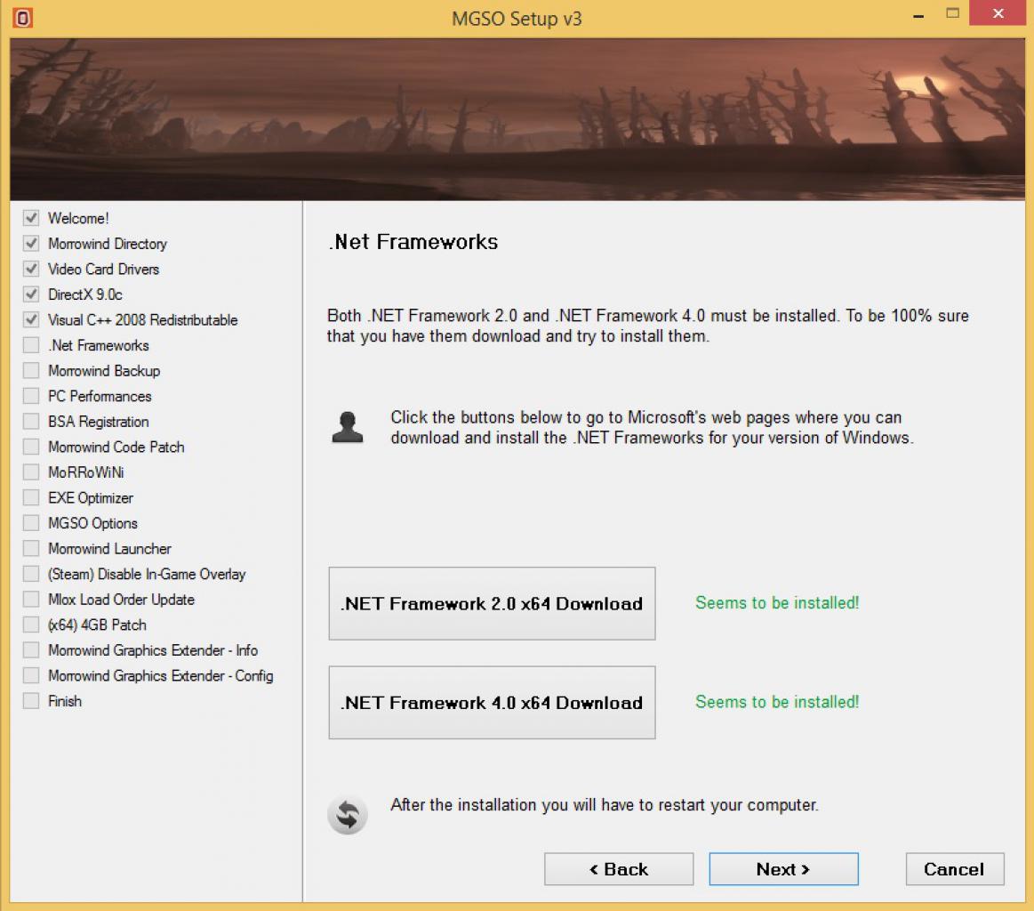 [03/07/2014] Morrowind Overhaul - Installation Schritt (6): ... und .Net Frameworks installiert sind. Ist dies nicht der Fall, installiert das Programm die nötigen Dateien.