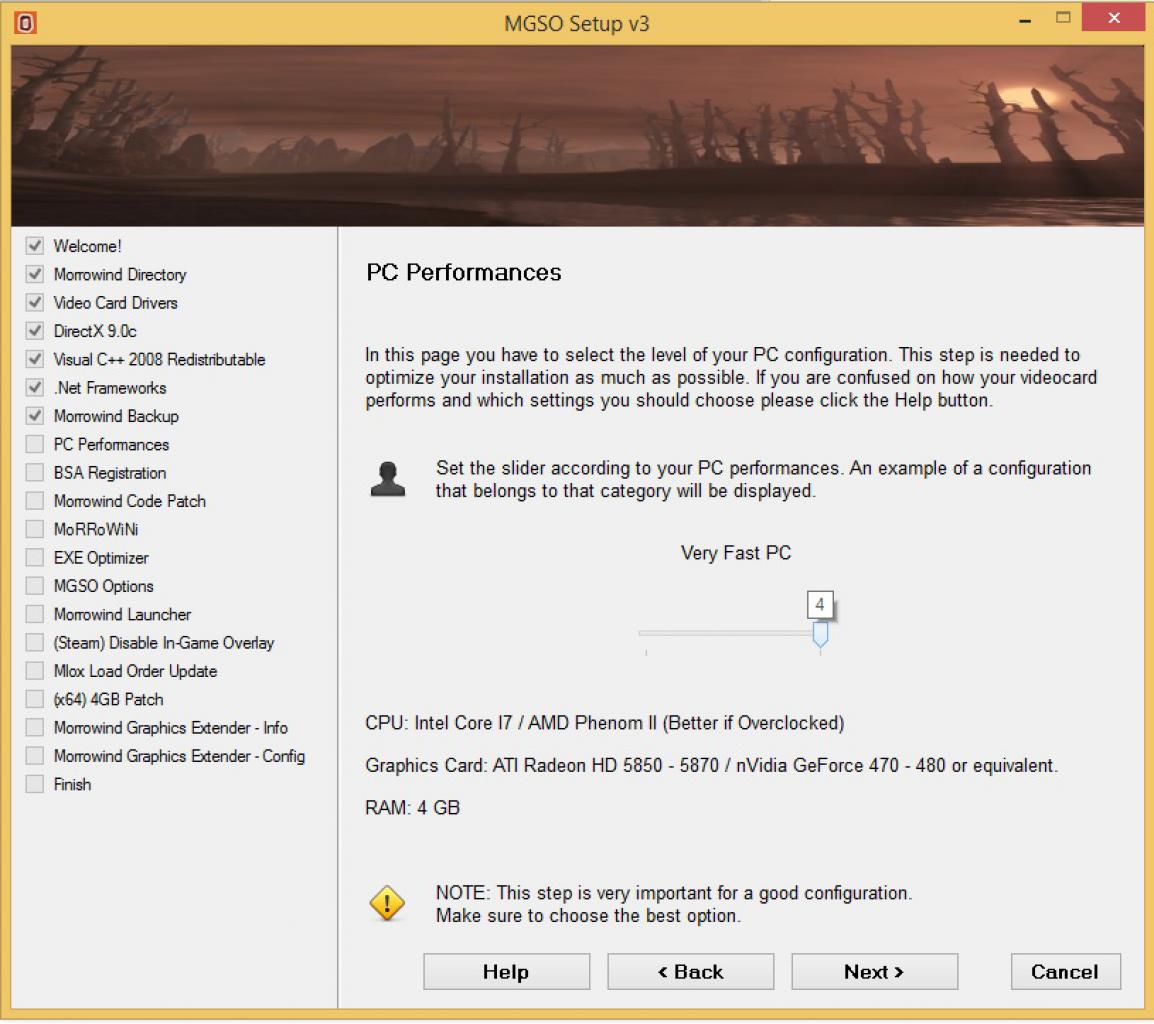 [03/07/2014] Morrowind Overhaul - Installation Schritt (8): Wählen Sie als nächstes die passende Konfiguration für Ihren PC. Dies ist nur eine grobe Unterteilung in Presets, später können Sie umfassendere Einstellungen wählen. Sie können auch noch nach der Installation ein anderes Setting wählen.