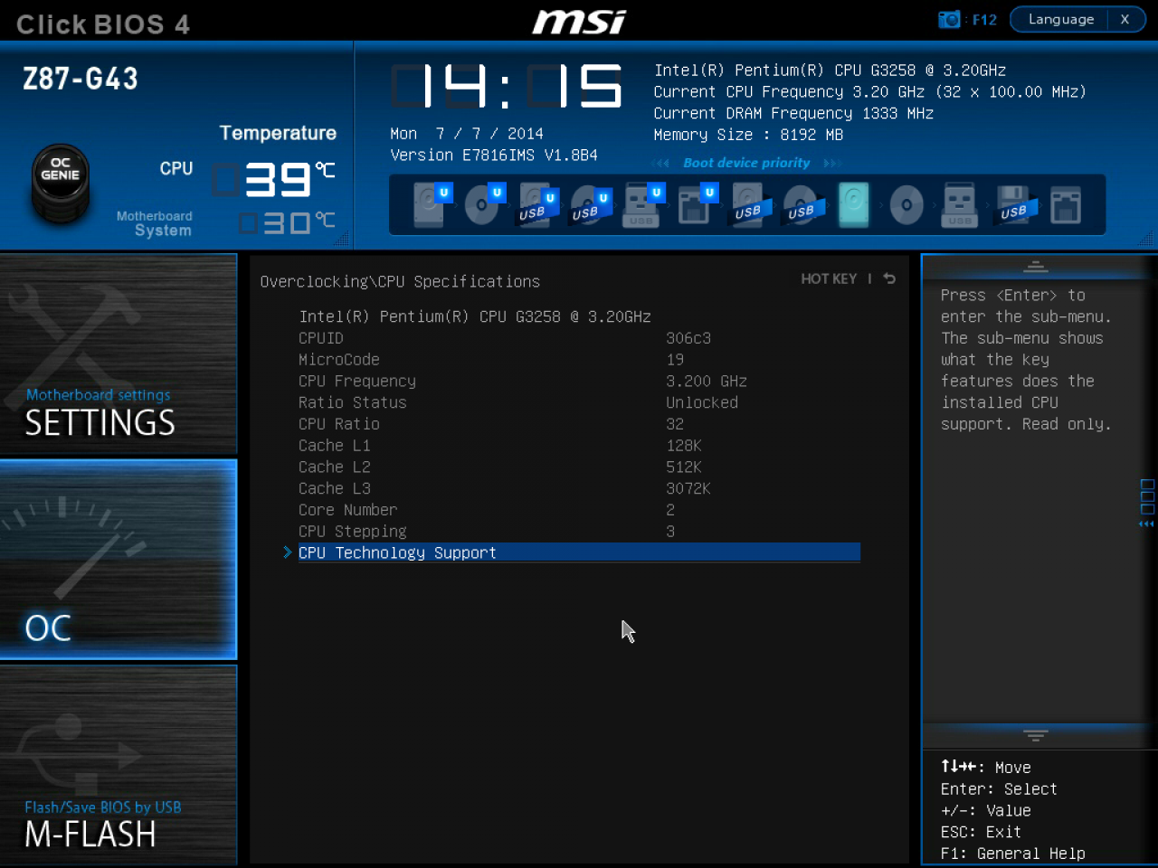 [08/07/2014] UEFI des MSI Z87-G43, unseres CPU-Testmainboards.
