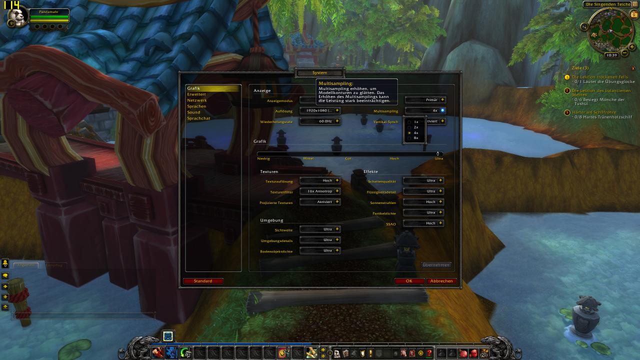 [10/07/2014] WoW Mists of Pandaria v5.4.8: Hier funktionierte noch Multisample AA, nun regieren die Postfilter FXAA und CMAA auf Azeroth und Draenor.