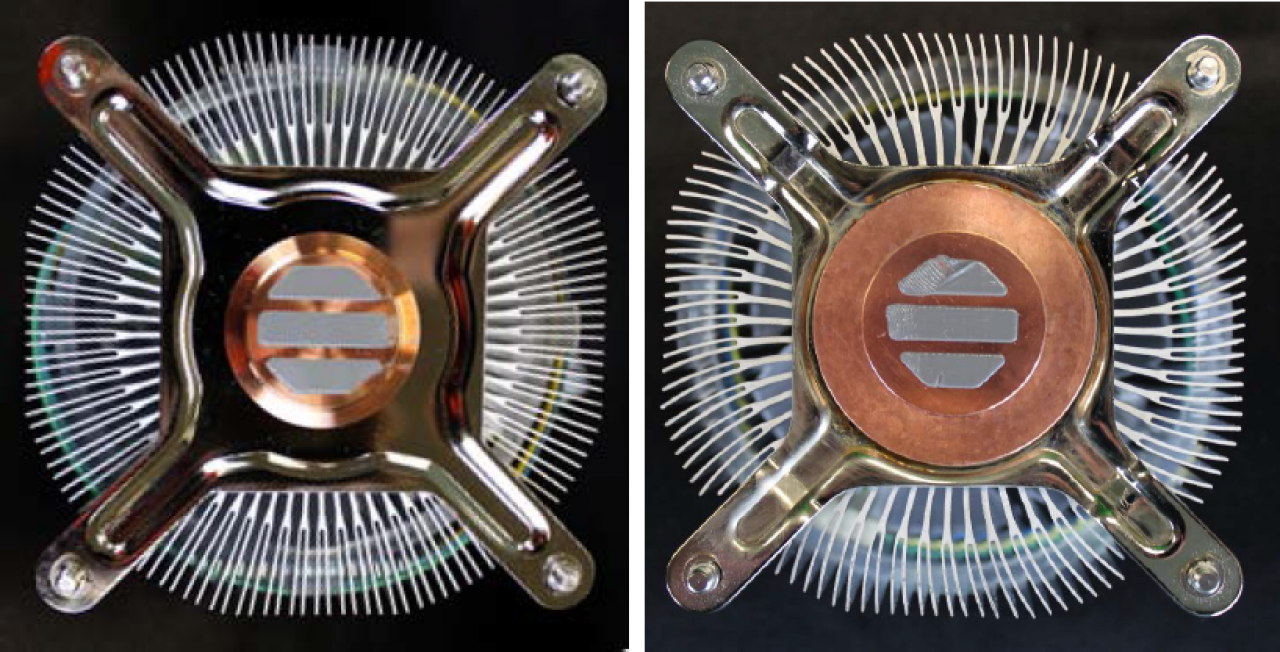 [04/08/2014] Intel Boxed-Kühler: RTS2011AC (links) und TS13A (rechts), Unterseite
