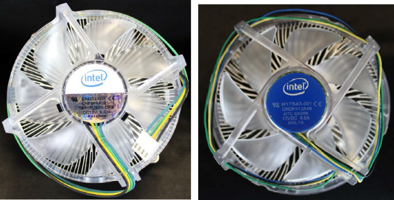 [04/08/2014] Intel Boxed-Kühler: RTS2011AC (links) und TS13A (rechts), Oberseite mit Lüfter